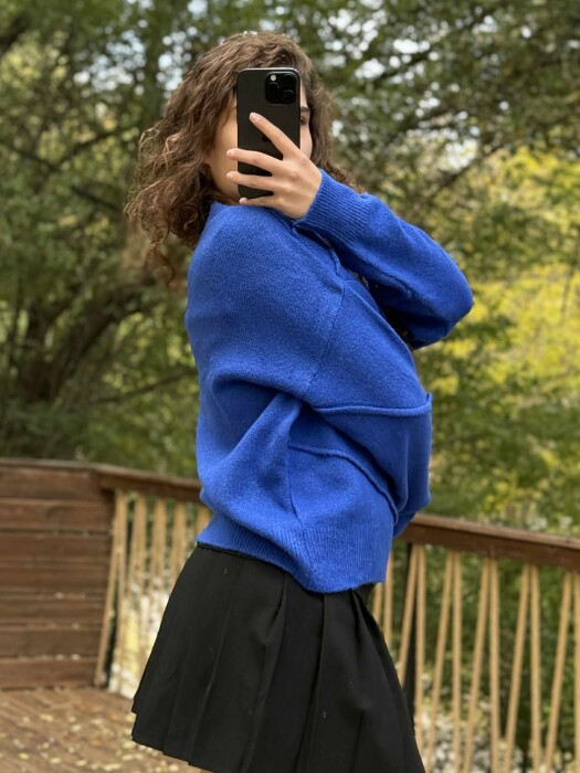 ROUND NECK ONE COLOR SIMPLE WOMEN SWEATER BLUE/BLU - 4