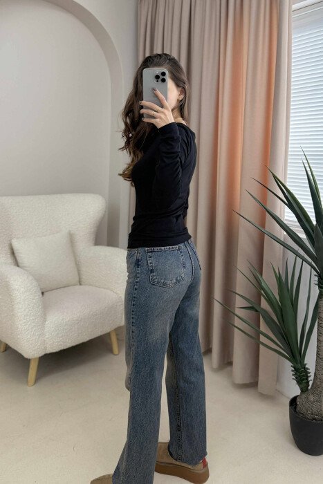 ROUND NECK ONE COLOR SIMPLE WOMEN SWEATSHIRT BLACK/ E ZEZE - 3