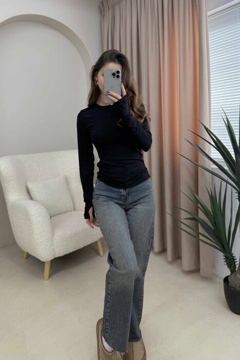 ROUND NECK ONE COLOR SIMPLE WOMEN SWEATSHIRT BLACK/ E ZEZE - 4