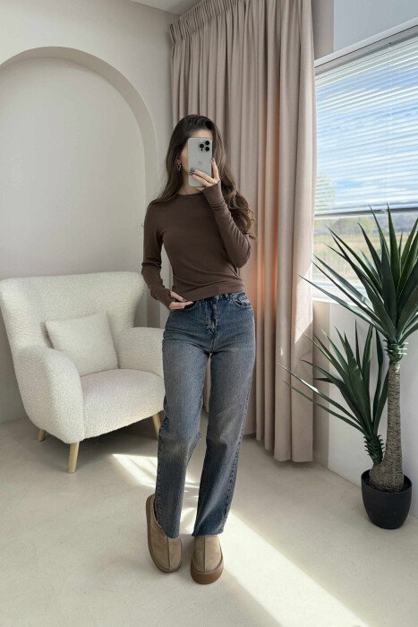 ROUND NECK ONE COLOR SIMPLE WOMEN SWEATSHIRT BROWN/KAFE - 2
