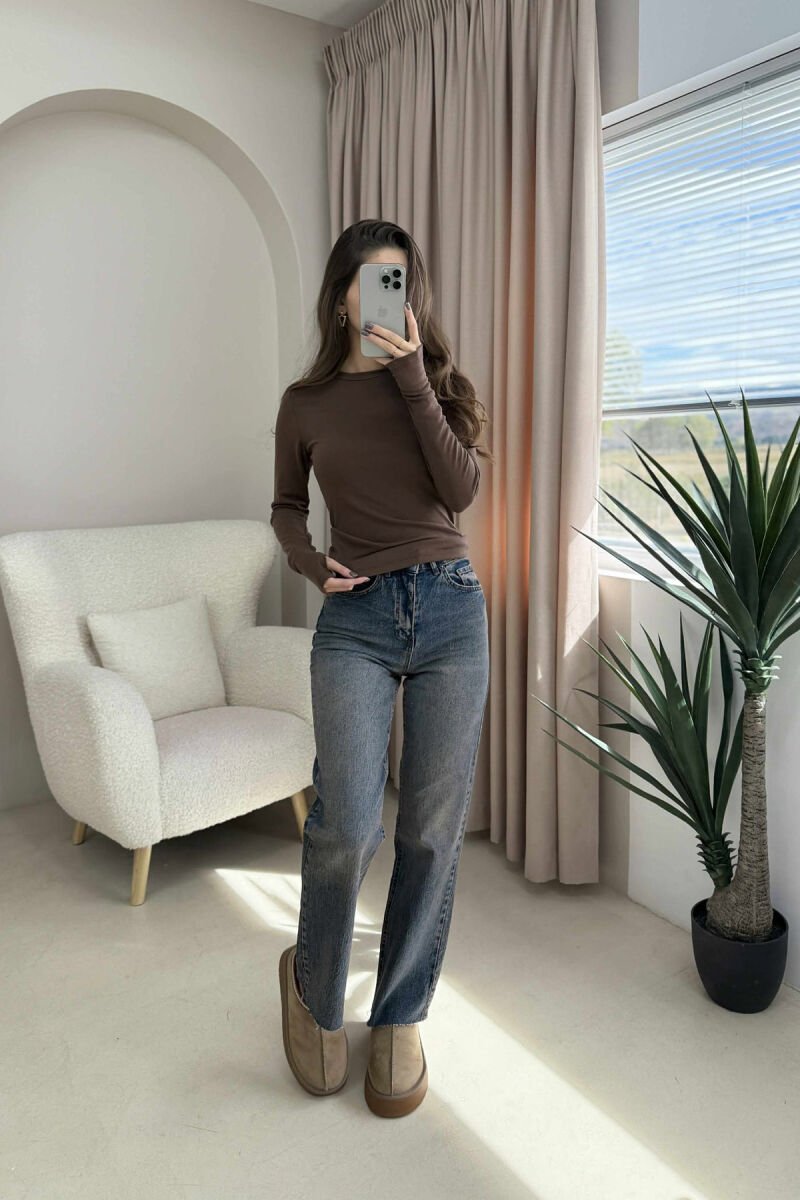 ROUND NECK ONE COLOR SIMPLE WOMEN SWEATSHIRT BROWN/KAFE - 2