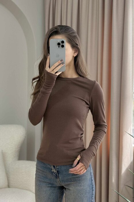 ROUND NECK ONE COLOR SIMPLE WOMEN SWEATSHIRT BROWN/KAFE - 4
