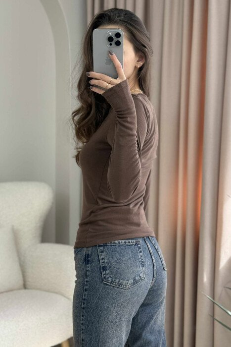 ROUND NECK ONE COLOR SIMPLE WOMEN SWEATSHIRT BROWN/KAFE - 5