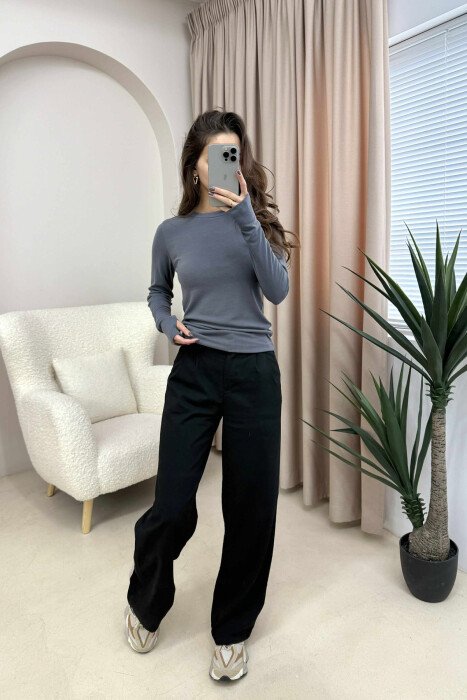 ROUND NECK ONE COLOR SIMPLE WOMEN SWEATSHIRT DARK GREY/GEE - 1