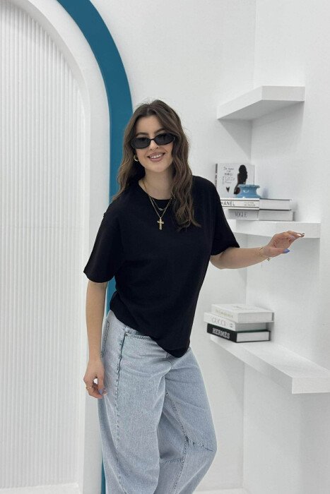 ROUND NECK ONE COLOR SIMPLE WOMEN T-SHIRT BLACK/ E ZEZE - 3