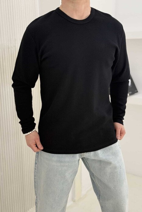 ROUND NECK ONE COLOR TEXTURED MEN SWEATSHIRT BLACK/ E ZEZE - 1
