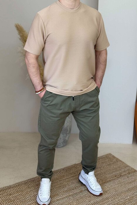 ROUND NECK ONE COLOR TEXTURED MEN T-SHIRT BEIGE/BEZHE - 3