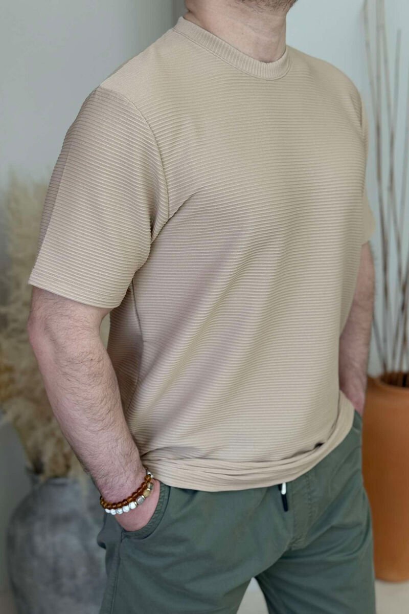 ROUND NECK ONE COLOR TEXTURED MEN T-SHIRT BEIGE/BEZHE - 4