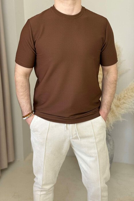 ROUND NECK ONE COLOR TEXTURED MEN T-SHIRT BROWN/KAFE 