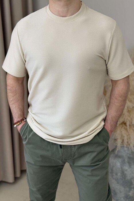 ROUND NECK ONE COLOR TEXTURED MEN T-SHIRT CREAM/KREM 