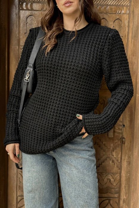 ROUND NECK ONE COLOR WOMAN SWEATER BLACK-BLACK/ZZ - 4