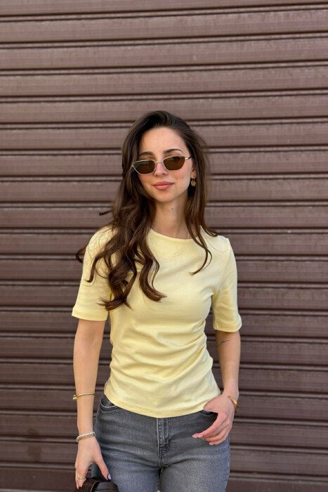 ROUND NECK ONE COLOR WOMAN T-SHIRT LEMON/ LIMON - KLAUDIO FASHION