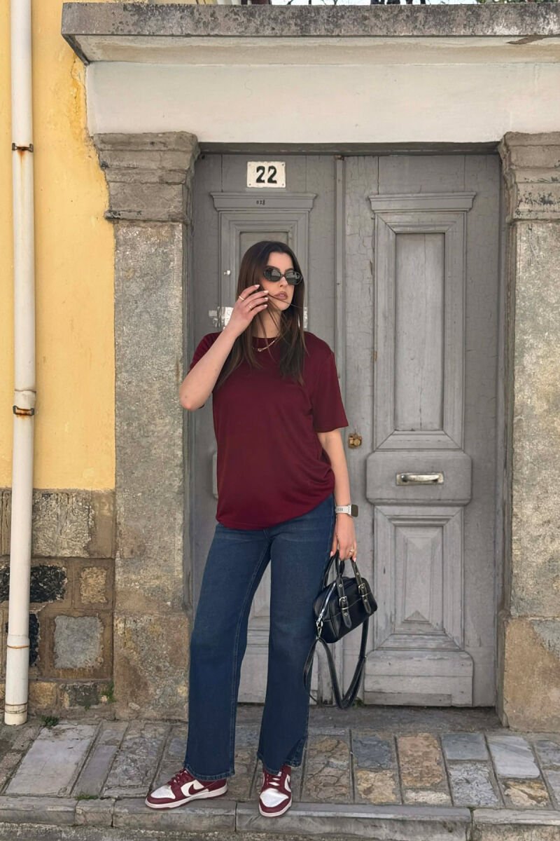 ROUND NECK ONE COLOR WOMAN T-SHIRT+ 6 PAIR SOCKS BURGUNDY/VISHNJE - 4