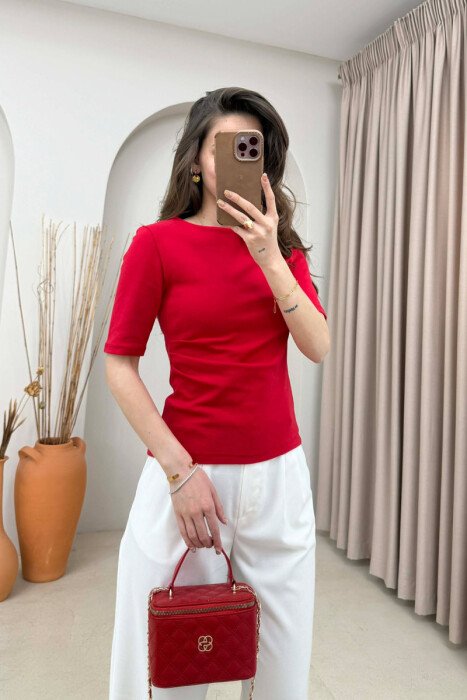 ROUND NECK ONE COLOR WOMAN T-SHIRT RED/E KUQE - KLAUDIO FASHION