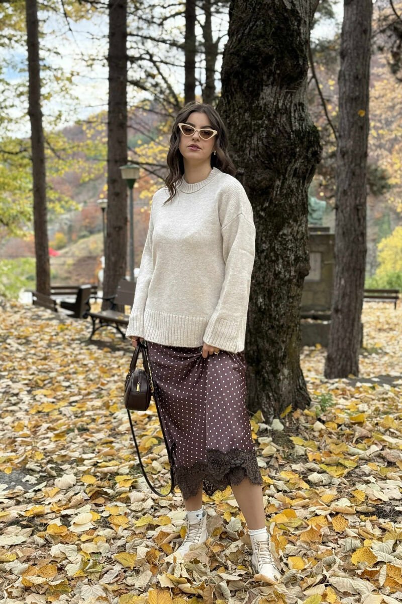 ROUND NECK ONE COLOR WOMEN SWEATER CREAM/KREM - 1
