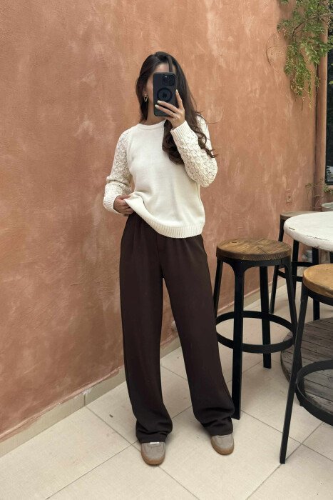 ROUND NECK ONE COLOR WOMEN SWEATER CREAM/KREM - 1