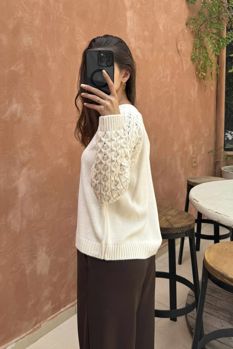 ROUND NECK ONE COLOR WOMEN SWEATER CREAM/KREM - 4