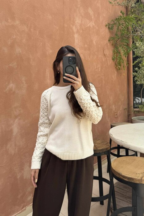 ROUND NECK ONE COLOR WOMEN SWEATER CREAM/KREM - 5