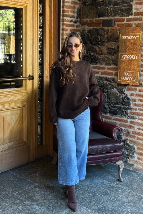 ROUND NECK ONE COLOR WOMEN SWEATER DARK BROWN/KAE - 3