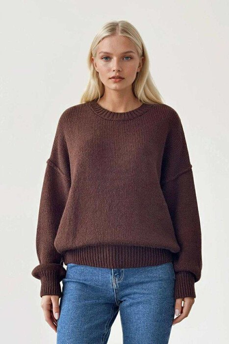 ROUND NECK ONE COLOR WOMEN SWEATER DARK BROWN/KAE 