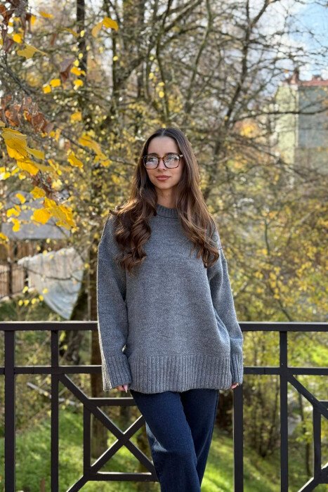 ROUND NECK ONE COLOR WOMEN SWEATER DARK GREY/GEE 