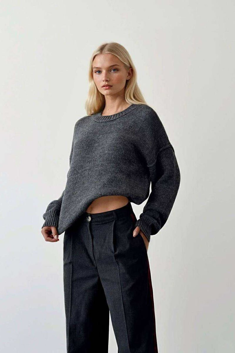 ROUND NECK ONE COLOR WOMEN SWEATER DARK GREY/GEE - 1