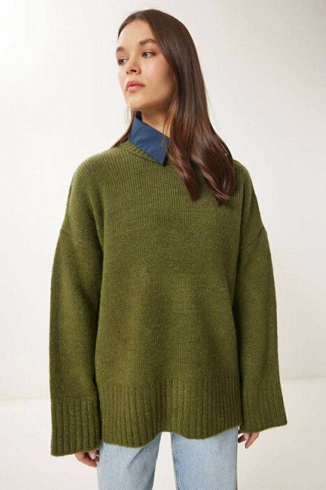 ROUND NECK ONE COLOR WOMEN SWEATER OLIVE/ULLI 