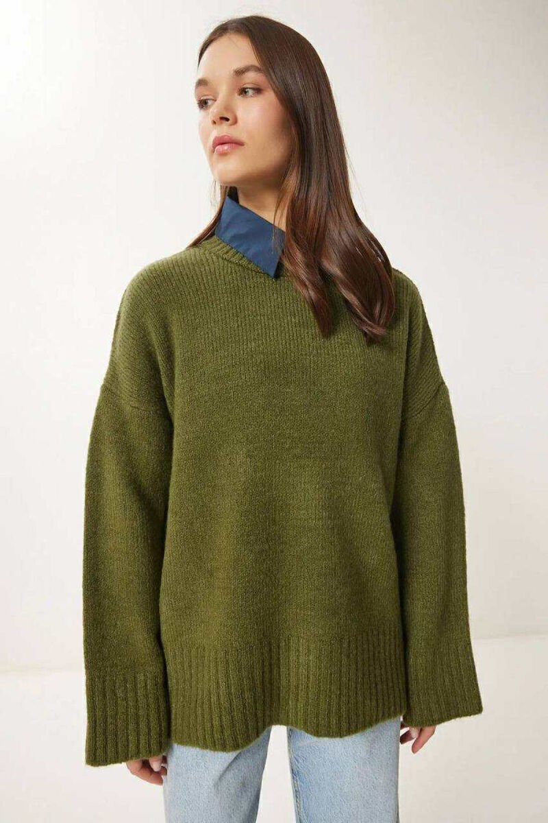 ROUND NECK ONE COLOR WOMEN SWEATER OLIVE/ULLI - 1