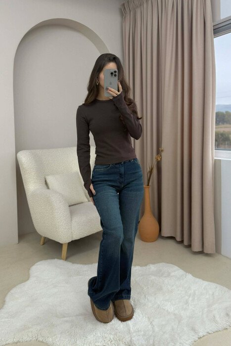 ROUND NECK ONE COLOR WOMEN SWEATSHIRT DARK BROWN/KAE - 1