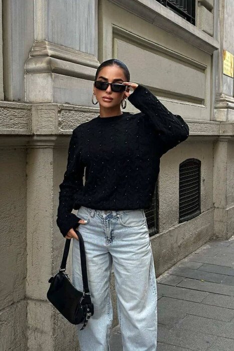 ROUND NECK PEARLS DESIGN WOMEN SWEATER BLACK/ E ZEZE - KLAUDIO FASHION