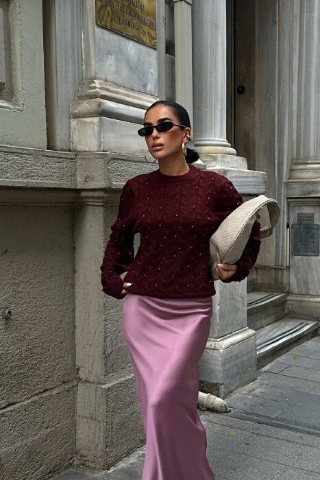 ROUND NECK PEARLS DESIGN WOMEN SWEATER BURGUNDY/VISHNJE - KLAUDIO FASHION