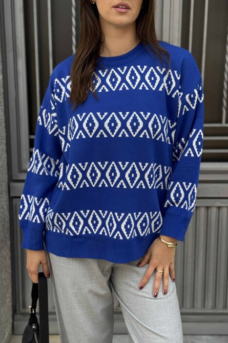 ROUND NECK RHOMBUS DESIGN WOMEN SWEATER BLUE/BLU - 4
