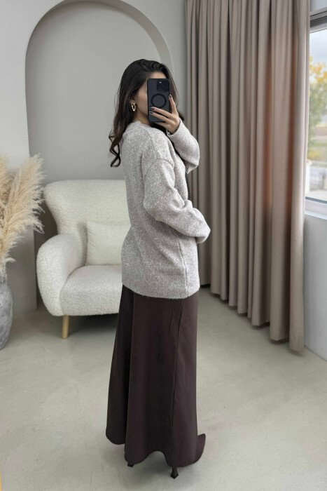 ROUND NECK RHOMBUS FRONT DESIGN WOMEN SWEATER BEIGE/BEZHE - 3