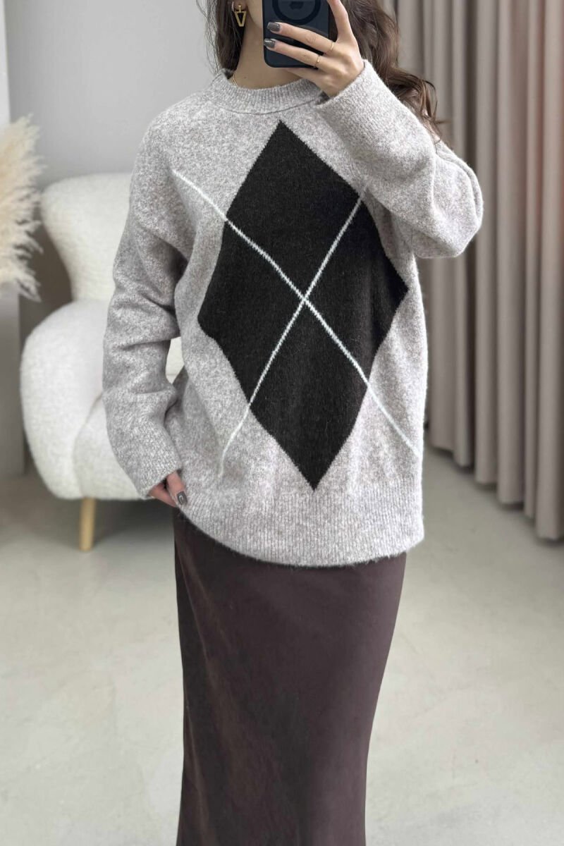 ROUND NECK RHOMBUS FRONT DESIGN WOMEN SWEATER BEIGE/BEZHE - 4