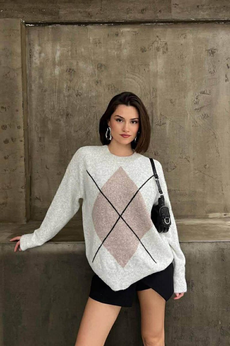 ROUND NECK RHOMBUS FRONT DESIGN WOMEN SWEATER LIGHT GREY/GZ - 1