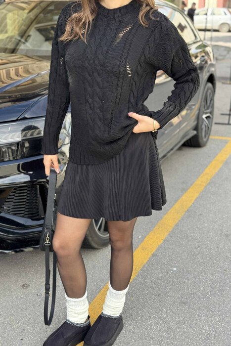 ROUND NECK RIPPED ONE COLOR WOMEN SWEATER BLACK/ E ZEZE - 4