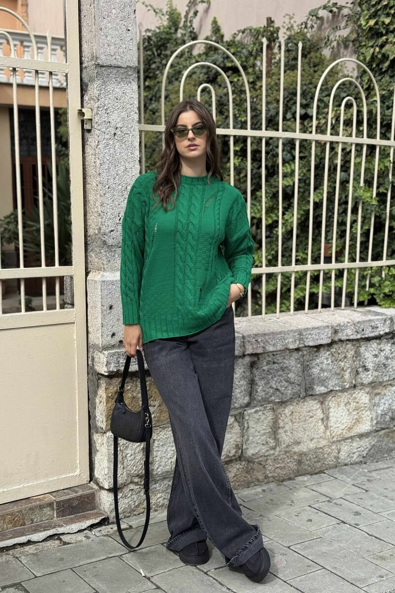 ROUND NECK RIPPED ONE COLOR WOMEN SWEATER GREEN/JESHILE - 1
