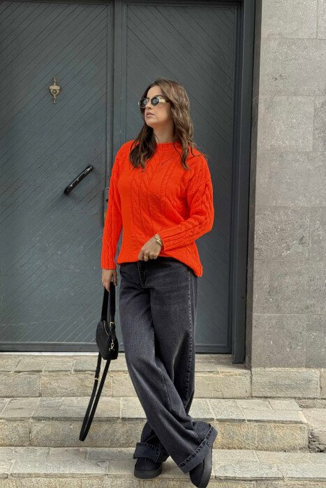 ROUND NECK RIPPED ONE COLOR WOMEN SWEATER ORANGE/PORTOKALLI - 