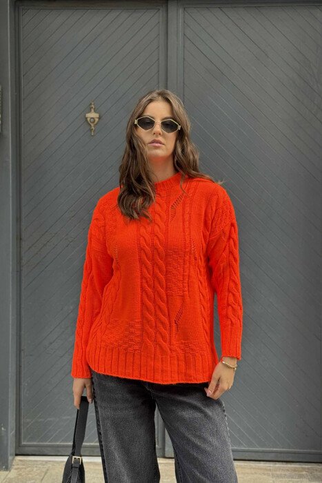 ROUND NECK RIPPED ONE COLOR WOMEN SWEATER ORANGE/PORTOKALLI - 4