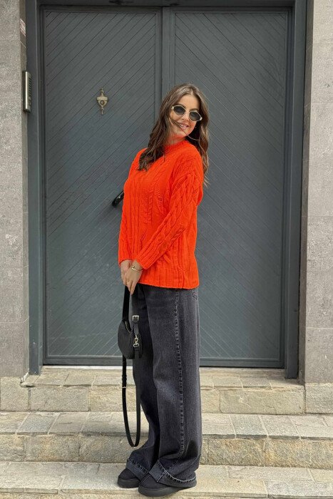 ROUND NECK RIPPED ONE COLOR WOMEN SWEATER ORANGE/PORTOKALLI - 2