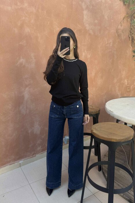 ROUND NECK SHINY STONES DETAIL WOMEN SWEATER BLACK/ E ZEZE - 2