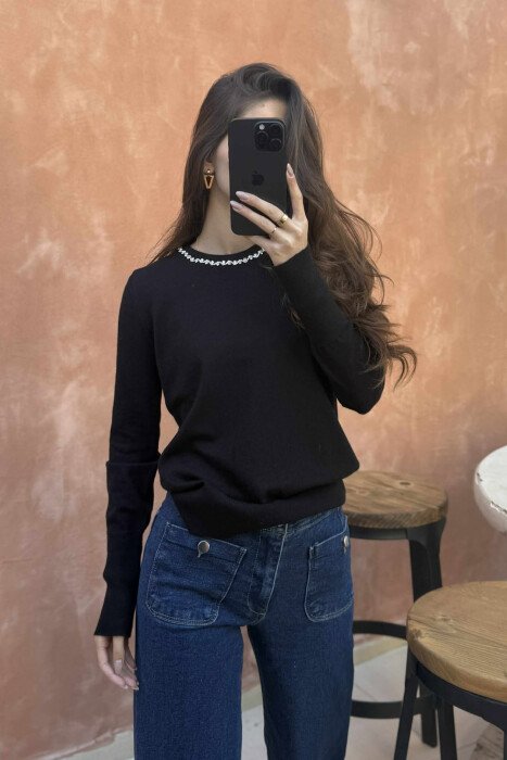 ROUND NECK SHINY STONES DETAIL WOMEN SWEATER BLACK/ E ZEZE - 4