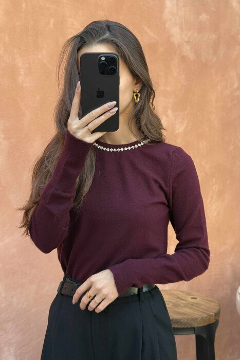 ROUND NECK SHINY STONES DETAIL WOMEN SWEATER BURGUNDY/VISHNJE - 5