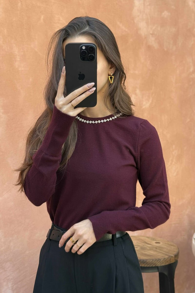 ROUND NECK SHINY STONES DETAIL WOMEN SWEATER BURGUNDY/VISHNJE - 5