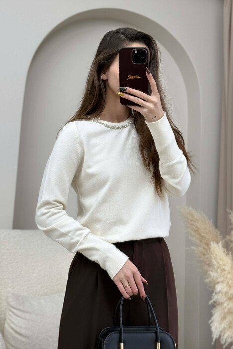 ROUND NECK SHINY STONES DETAIL WOMEN SWEATER CREAM/KREM - 4