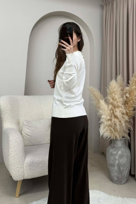ROUND NECK SHINY STONES DETAIL WOMEN SWEATER CREAM/KREM - 3