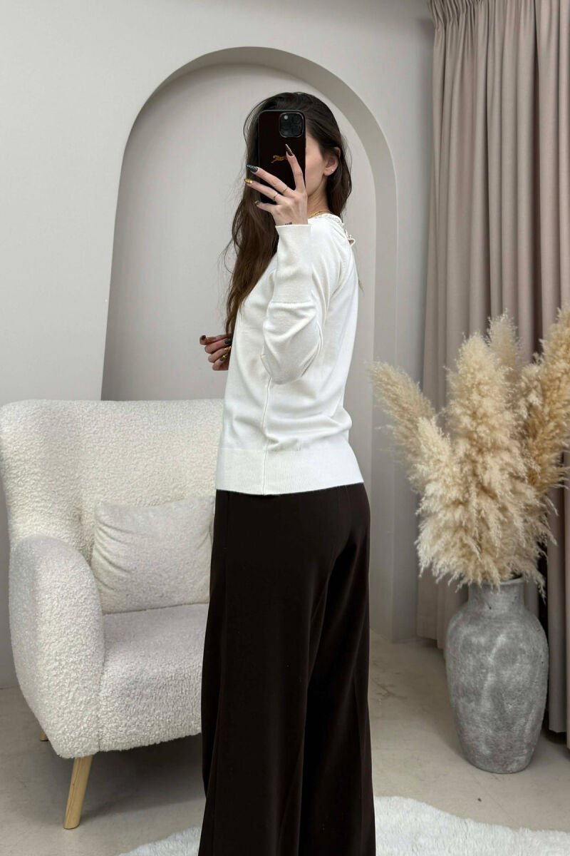 ROUND NECK SHINY STONES DETAIL WOMEN SWEATER CREAM/KREM - 3