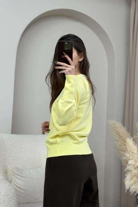 ROUND NECK SHINY STONES DETAIL WOMEN SWEATER LEMON/ LIMON - 3