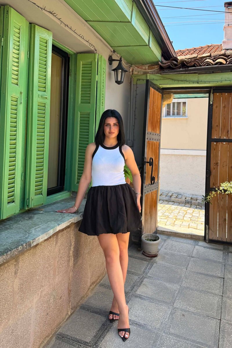 ROUND NECK SHORT WOMAN DRESS WHITE-BLACK/BAZE - 4