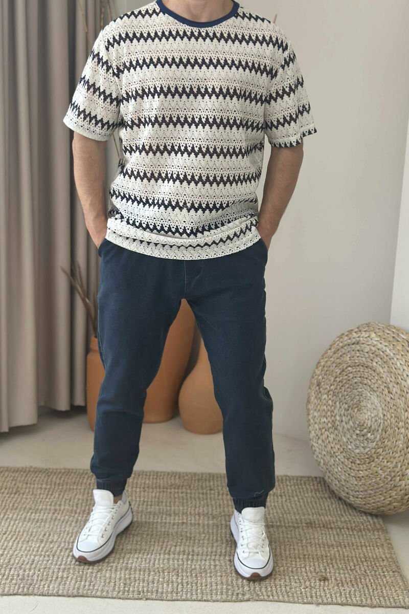 ROUND NECK SIMPLE DESIGN MEN T-SHIRT CREAM-BLUE/KREM-BLU - 1